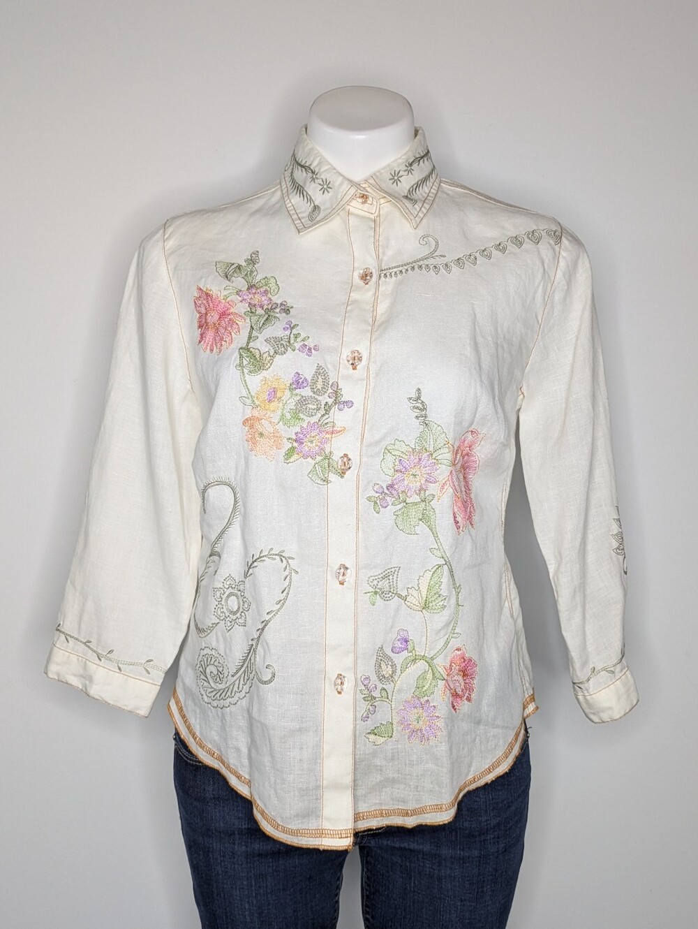 Tweeds White Colorful Embroidered Floral Linen 3/4 Sleeve Button Up S